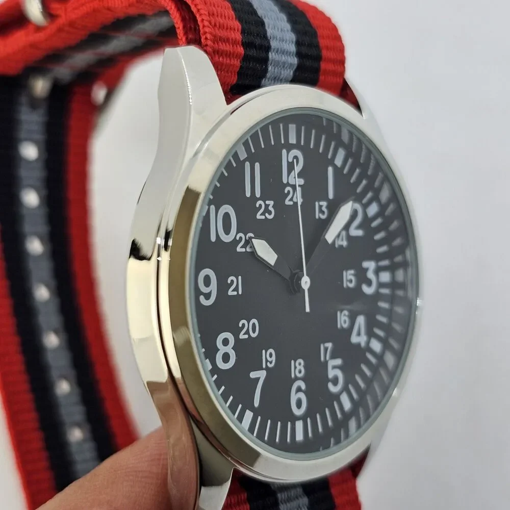 Men's Field Military Watch 42MM Black Dial Red Black Gray‎ Canvas Band Strap